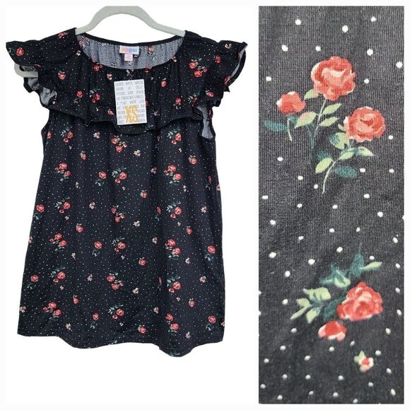 LuLaRoe Stasha Ruffle Top XS 0/2 Black Rose Floral Polka Dot Printed Knit Tee - Picture 8 of 11